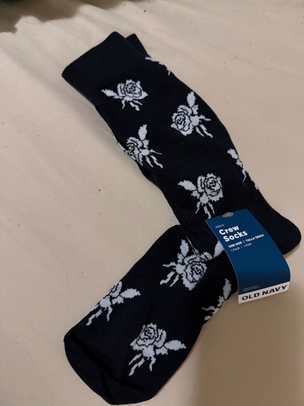 Old Navy Black Crew Socks with White Rose Motif
